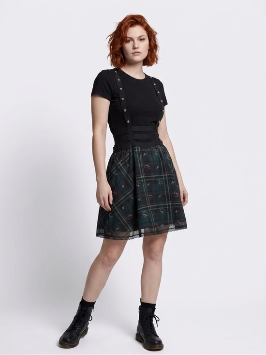 Hot Topic Dresses & Skirts - Mattel Black Top with Dark Green Plaid Skater Skirt